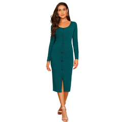 Teal Button-Front Bodycon Midi-DNK