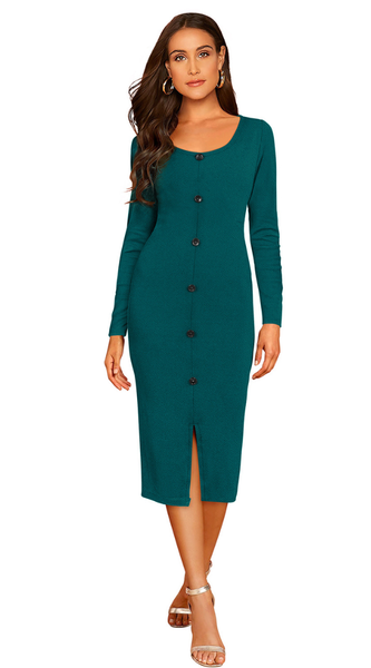 Teal Button-Front Bodycon Midi
