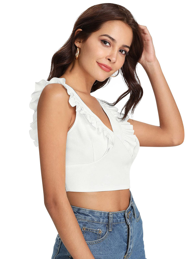 White Ruffled V-Neck Cropped Top DNK