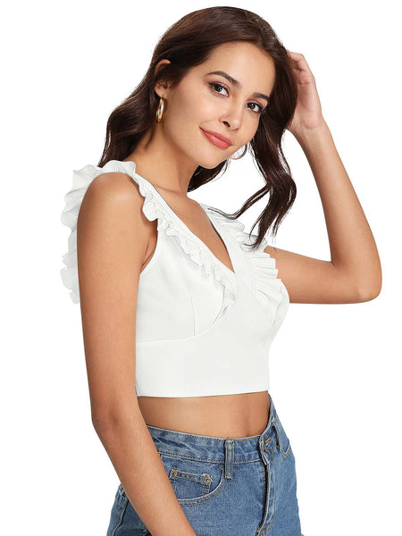 White Ruffled V-Neck Cropped Top