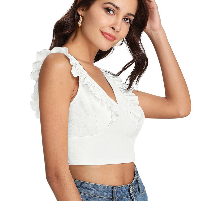 White Ruffled V-Neck Cropped Top DNK