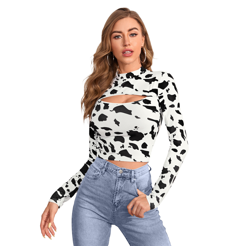 Monochrome Cow-Print Cutout Top-DNK