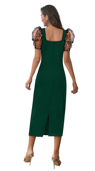 Emerald Glam Puff-Sleeve Midi Dress