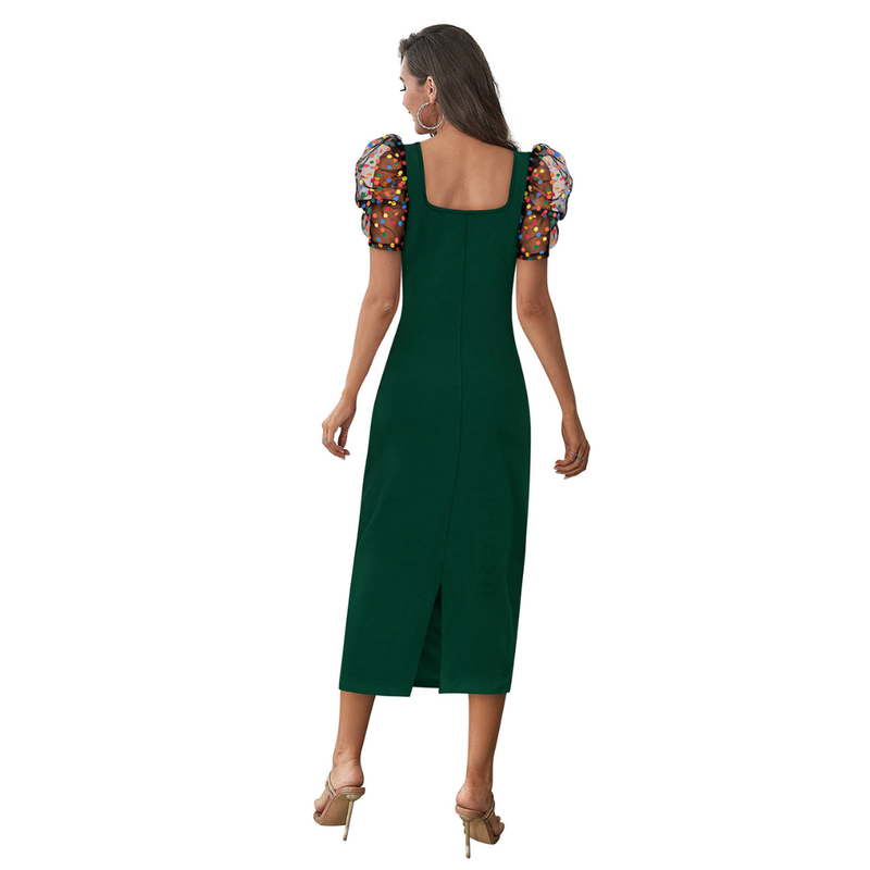 Emerald Glam Puff-Sleeve Midi Dress -DNK