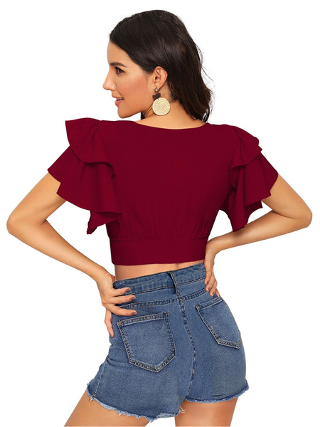 Ruffle Sleeve Burgundy Crop Top