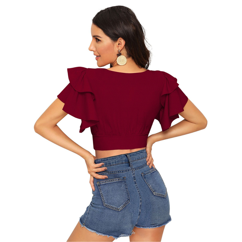 Ruffle Sleeve Burgundy Crop Top
