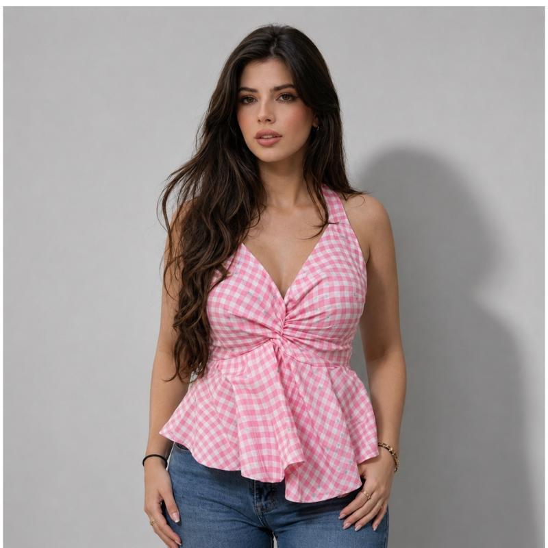 Twist-Front Peplum Halter Top