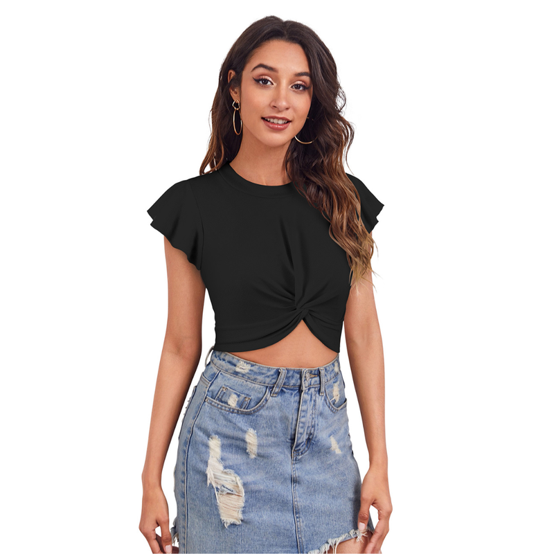 Twist Front Flutter Sleeve Crop Top