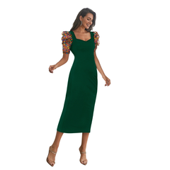 Emerald Glam Puff-Sleeve Midi Dress -DNK