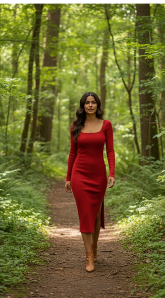 Square Neck Long Sleeve Slit Midi Dres