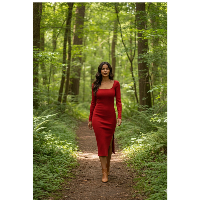 Square Neck Long Sleeve Slit Midi Dress-DZ-17