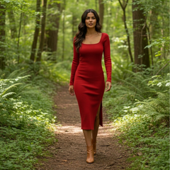 Square Neck Long Sleeve Slit Midi Dres