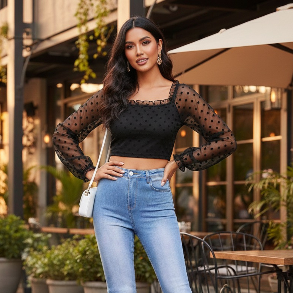 Dot Mesh Crop Top Party Wear