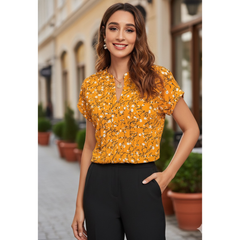 Floral Pleated V-Neck TOP DNK