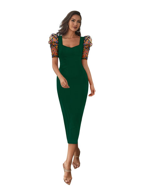 Emerald Glam Puff-Sleeve Midi Dress -DNK