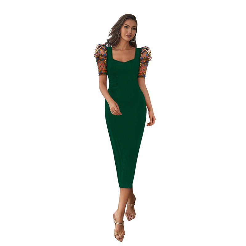 Emerald Glam Puff-Sleeve Midi Dress -DNK