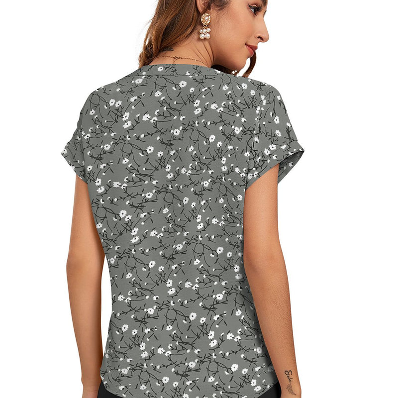 Floral Pleated V-Neck TOP DNK