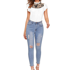 White Ruffled Round Neck Cropped Top DNK