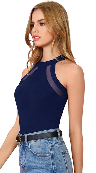 Chic Black Mesh Panel Halter Neck Top