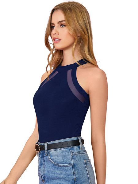 Chic Black Mesh Panel Halter Neck Top