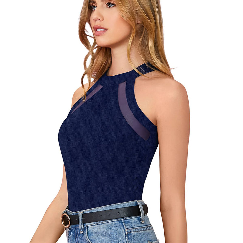 Chic Black Mesh Panel Halter Neck Top DNK