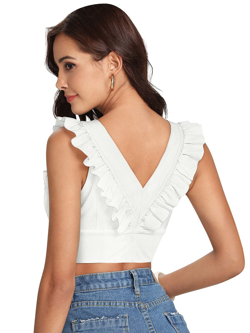 White Ruffled V-Neck Cropped Top DNK