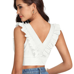 White Ruffled V-Neck Cropped Top DNK