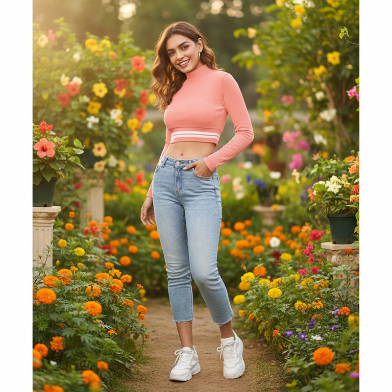 Sporty Striped Mock Neck Crop Top-DNK