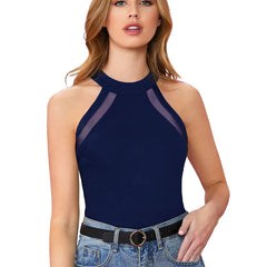 Chic Black Mesh Panel Halter Neck Top DNK