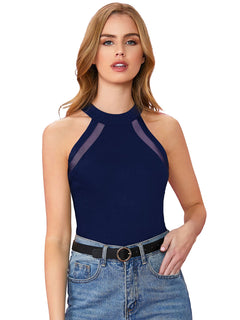 Chic Black Mesh Panel Halter Neck Top