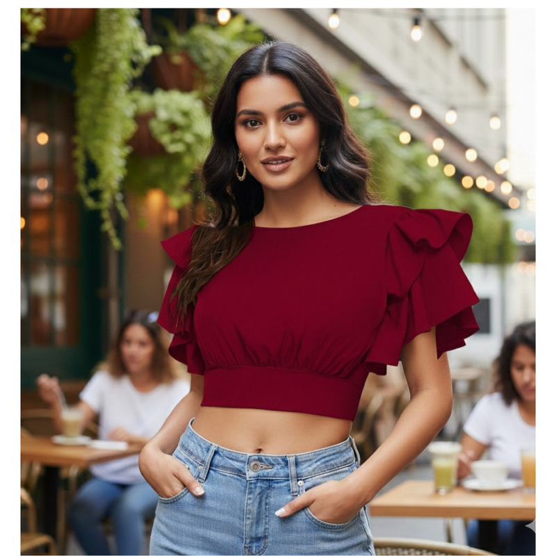 Ruffle Sleeve Burgundy Crop Top-DNK