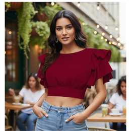 Ruffle Sleeve Burgundy Crop Top