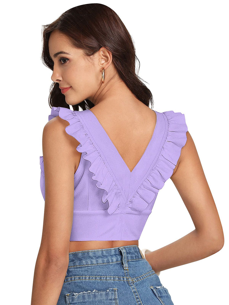 White Ruffled V-Neck Cropped Top DNK