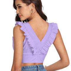 White Ruffled V-Neck Cropped Top DNK