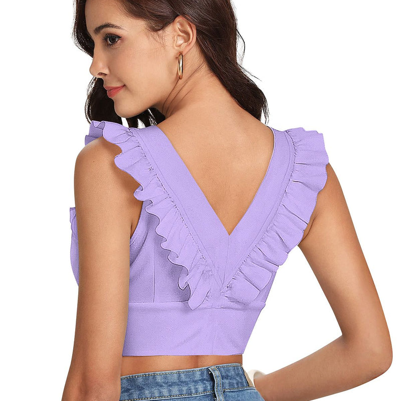 White Ruffled V-Neck Cropped Top DNK