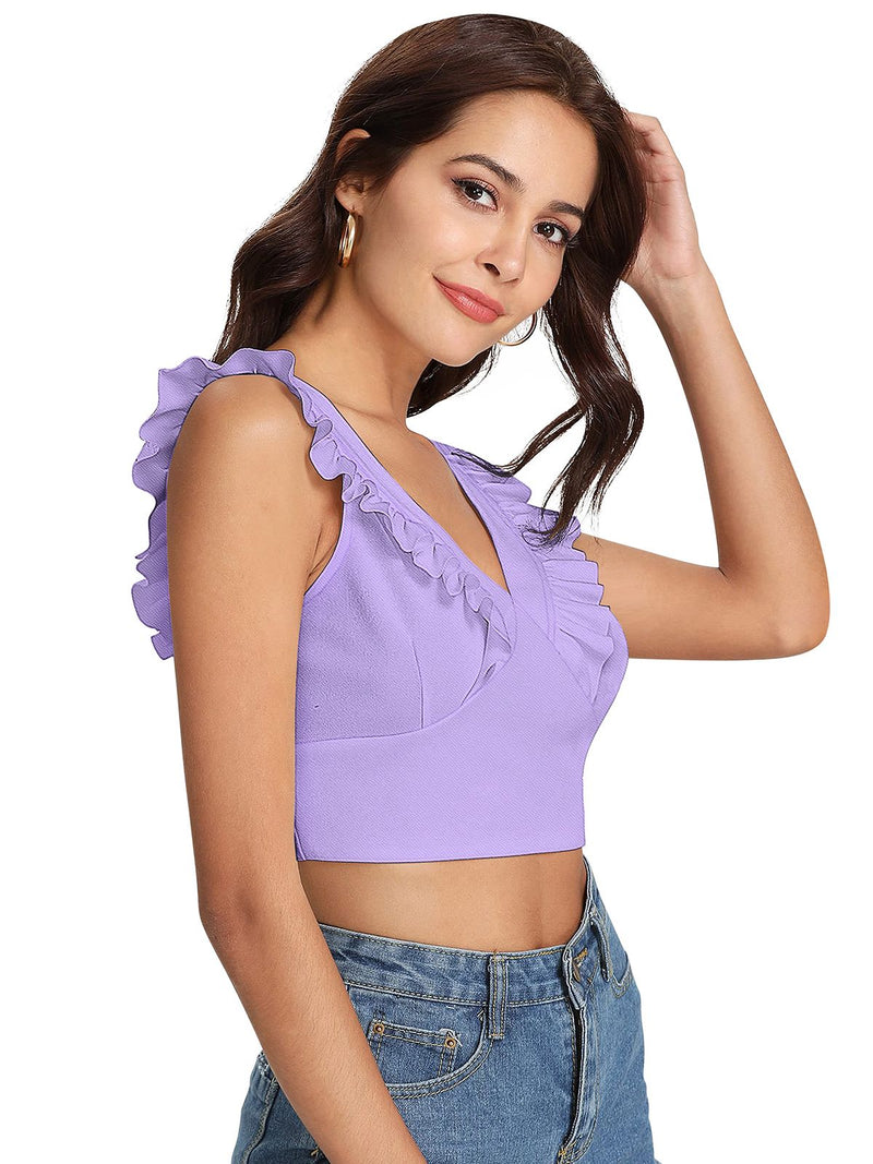 White Ruffled V-Neck Cropped Top DNK
