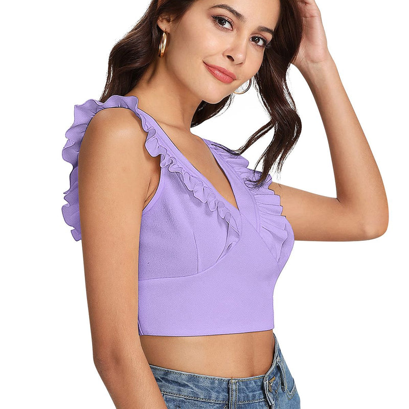 White Ruffled V-Neck Cropped Top DNK