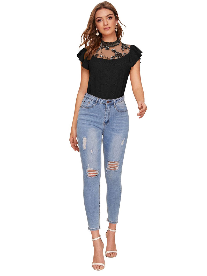 White Ruffled Round Neck Cropped Top DNK