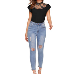 White Ruffled Round Neck Cropped Top DNK