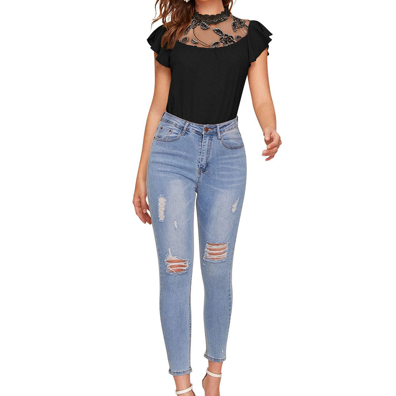 White Ruffled Round Neck Cropped Top DNK