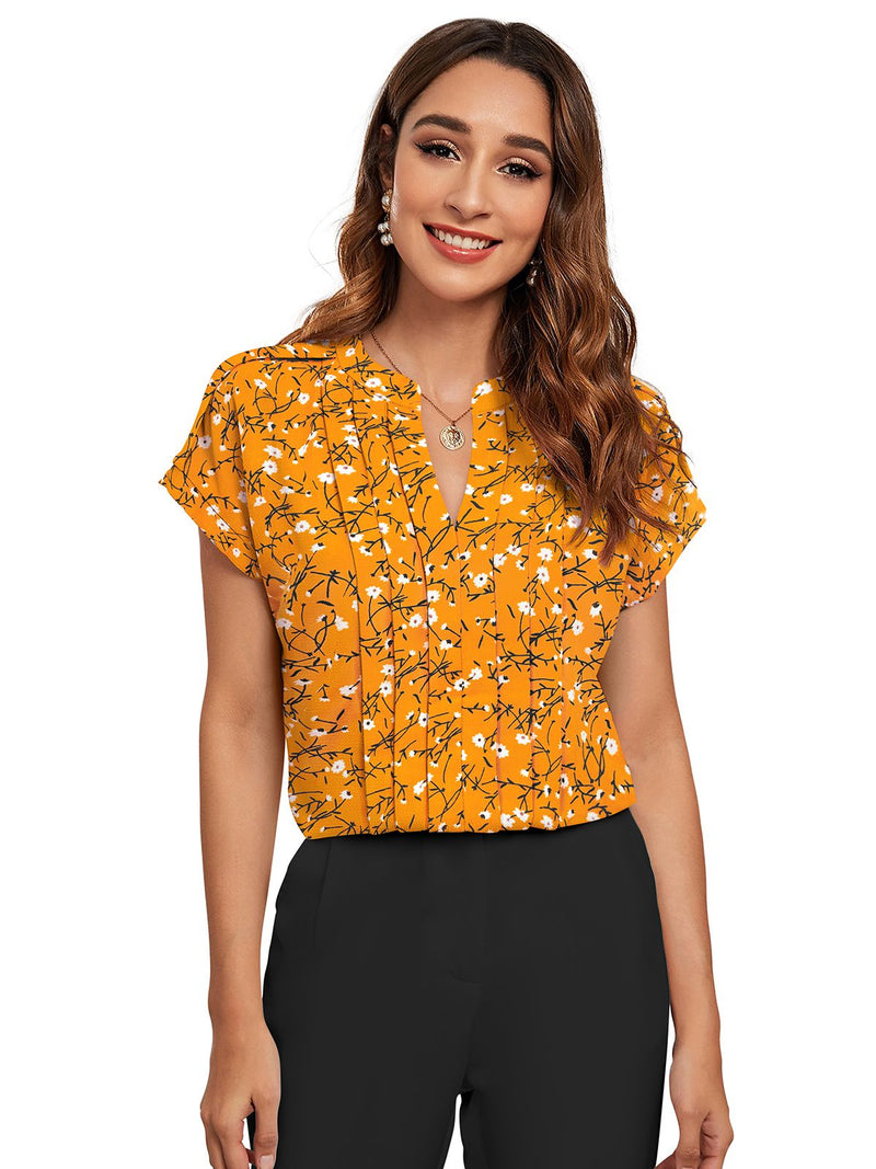 Floral Pleated V-Neck TOP DNK