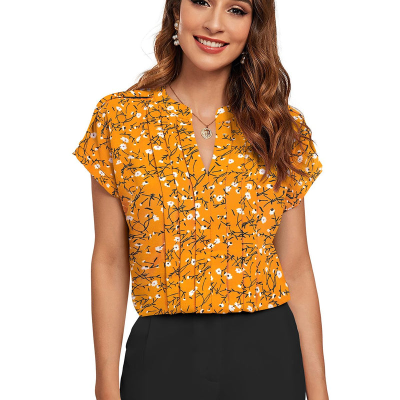 Floral Pleated V-Neck TOP DNK
