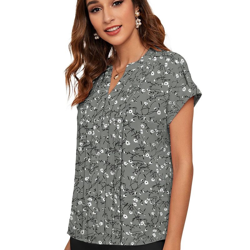 Floral Pleated V-Neck TOP DNK