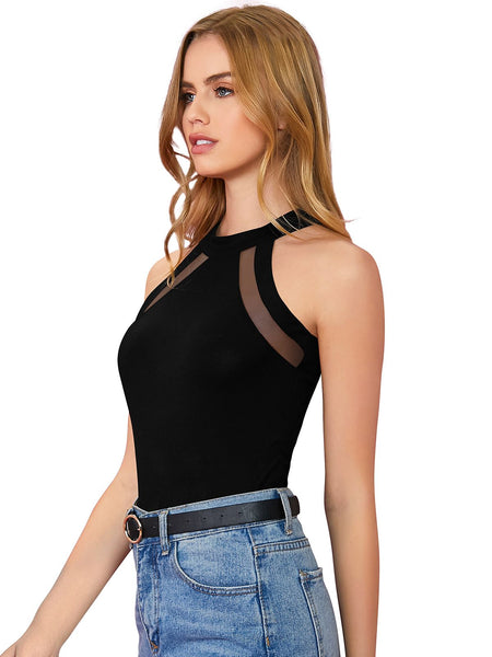 Chic Black Mesh Panel Halter Neck Top