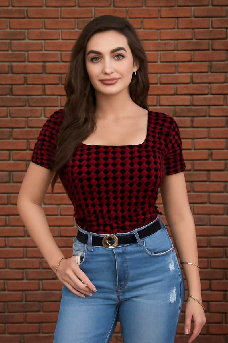 Printed Stretch Fit Top Checkered DNK