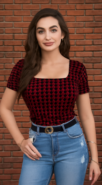 Printed Stretch Fit Top Checkered