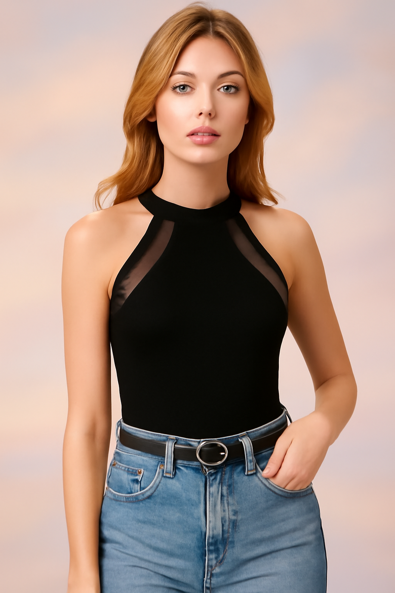 Chic Black Mesh Panel Halter Neck Top DNK