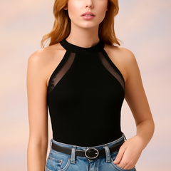 Chic Black Mesh Panel Halter Neck Top DNK