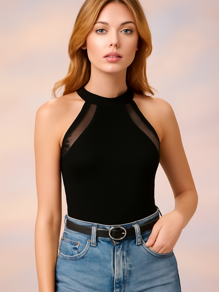 Chic Black Mesh Panel Halter Neck Top DNK