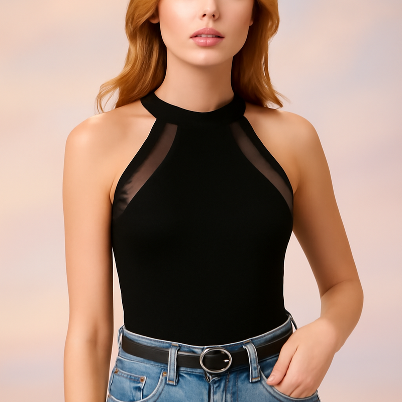 Chic Black Mesh Panel Halter Neck Top DNK